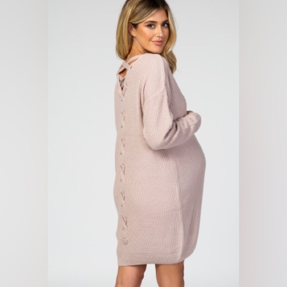 Pink Lace-Up Back Sweater Dress, Maternity, M